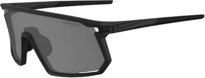 Black sunglasses with a clear lens on a white background