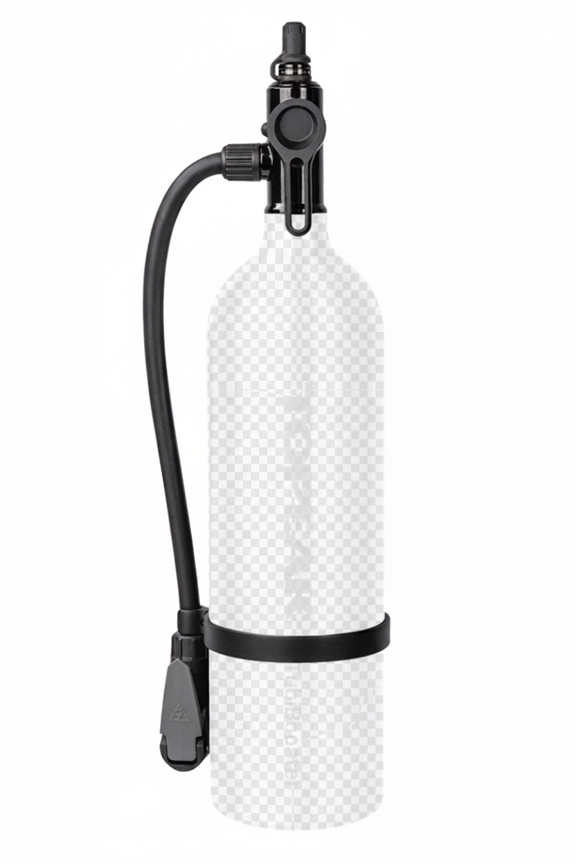 White CO2 tank with black valve and hose on a white background, featuring the Topeak brand.